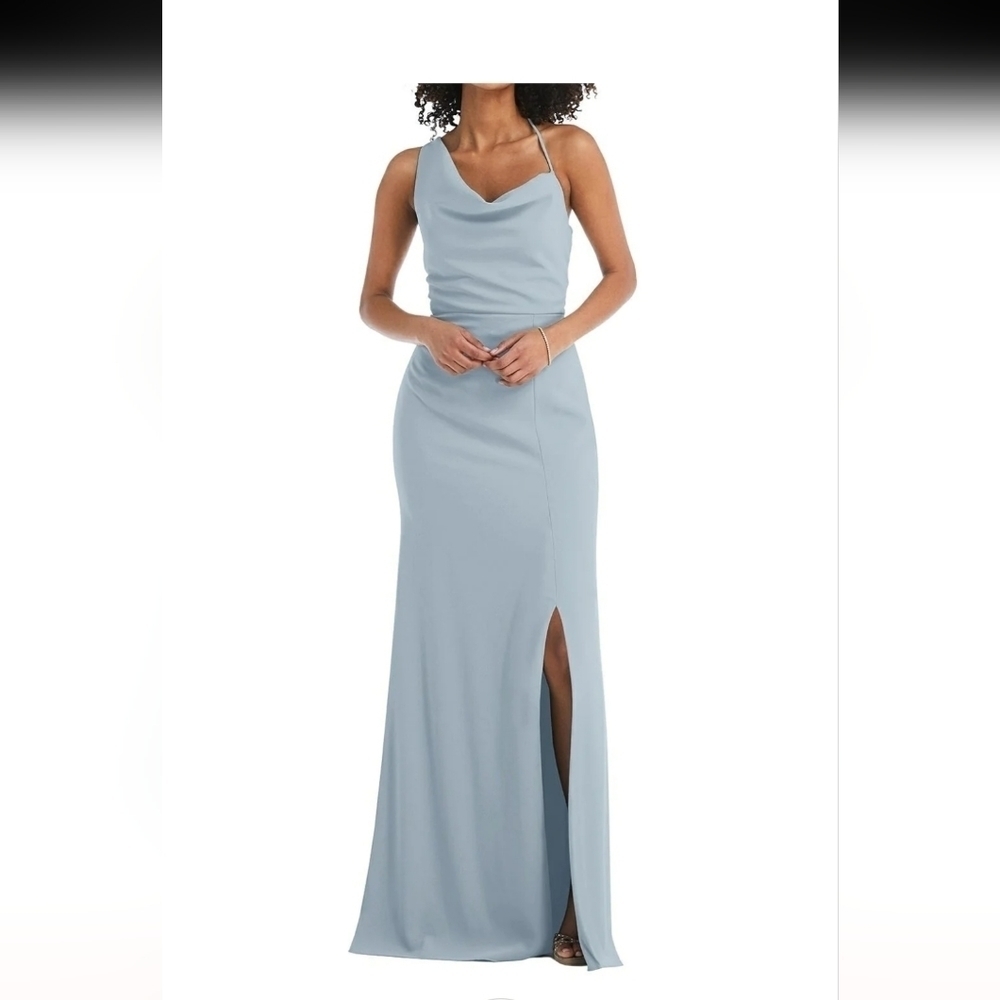 After SIX NWT  $235 One-Shoulder Draped Cowl-Neck Maxi Dress Blue Size 12